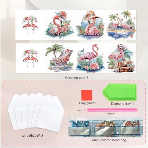 JISHSHAY 6 PCS Flamingo Diamond Painting Greeting Cards Flamingo Diamond Art Birthday Cards with Envelopes Gem Art Mosaic Kits for Adults, for Anniversary Valentine Thank You Graduation All-Occasion - Image 3