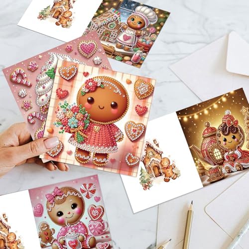 FRANDEK 6pcs Pink Gingerbread Men Diamond Art Painting Greeting Cards, Handmade DIY Gem Art Kit with Rhinestones, Diamond Dots Postcards for Birthdays, Holiday Thoughtful Gift for Adults - Image 4