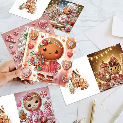 FRANDEK 6pcs Pink Gingerbread Men Diamond Art Painting Greeting Cards, Handmade DIY Gem Art Kit with Rhinestones, Diamond Dots Postcards for Birthdays, Holiday Thoughtful Gift for Adults - Image 4