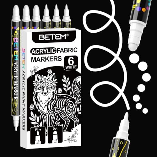 Betem 6 White Dual Tip Acrylic Paint Markers, Fabric Decorating Kits by BetemArtWorld