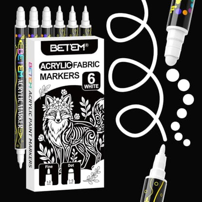 Betem 6 White Dual Tip Acrylic Paint Markers, Fabric Decorating Kits by BetemArtWorld