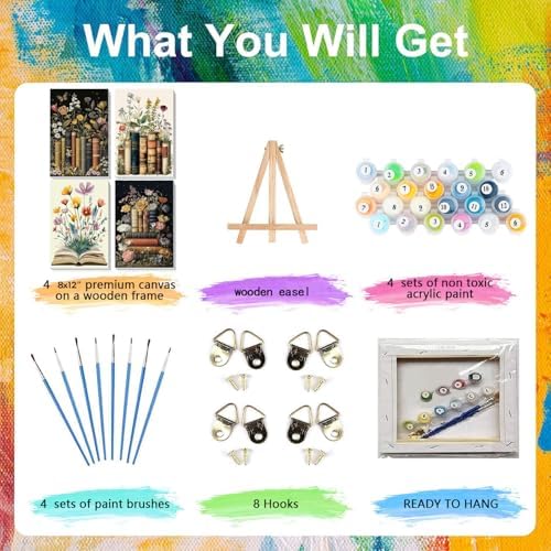 4 Pack Book Paint by Numbers for Adults with Framed Canvas - Wooden Easel - Image 4