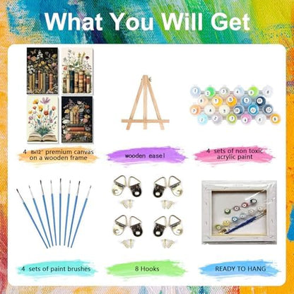 4 Pack Book Paint by Numbers for Adults with Framed Canvas - Wooden Easel - Image 4