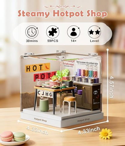 Hotpot Shop Miniature House Kit, Plastic DIY Dollhouse with Hot Pot Table & Sauce Station, Stackable Transparent Dust Cover, Creative Desktop Decor for Adults Teens - Image 2