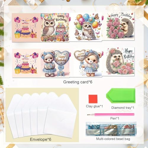 Tontut 6 Pieces Diamond Art Painted Greeting Cards, Owl Hedgehog Bear 5D DIY Special Shape Diamond Card Creative Gifts, Christmas Thanksgiving Greeting Card Congratulation - Image 3