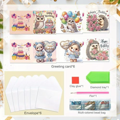 Tontut 6 Pieces Diamond Art Painted Greeting Cards, Owl Hedgehog Bear 5D DIY Special Shape Diamond Card Creative Gifts, Christmas Thanksgiving Greeting Card Congratulation - Image 3