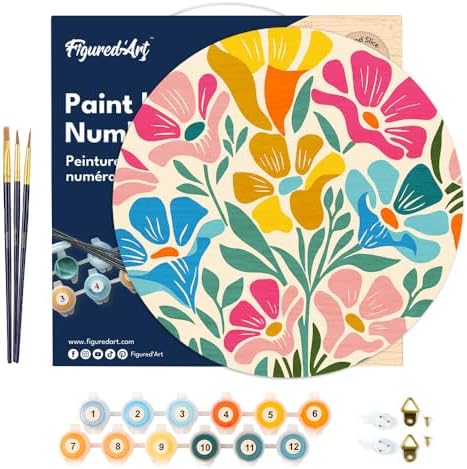 Figured'Art Paint by Numbers Kit for Adults on Wood Slice, 11.8in Diameter - Colorful Floral Pattern - Craft Art Painting DIY Canvas - Image 7