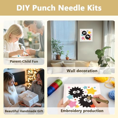 Doodlream Cute Black Elves Needle Kit for Beginner, 9.4"x 9.4" Color Star Punch Stitching Craft Set, DIY Embroidery Starter with Printed Frame, Instruction, Threader, Yarn, Pinch Needle - Image 4