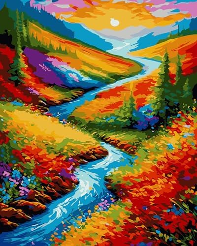 Yunnuo Landscape Paint by Numbers Kits for Adults, Easy Paint by Number Sunset and Creek, DIY Oil Painting with Brushes Acrylic Paints for Home Wall Decor 16x20 Inch by Yunnuo-premiumdiyartpaintingkits