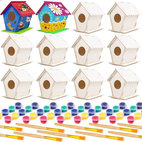 hapray 12 Pack Bird House Kit for Kids, DIY Wooden Birdhouse with Paints by hapray