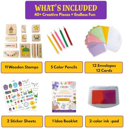 Ramadan & Eid Crafts Set with Stamps DIY Card-Making Kit for Kids 40 Pieces 11 Wooden Stamps, 12 Cards & Envelopes, 5 Pencils, Dual-Color Ink Pad, Ramadan Stickers-Islamic Gifts, Ramadan Decor - Image 3