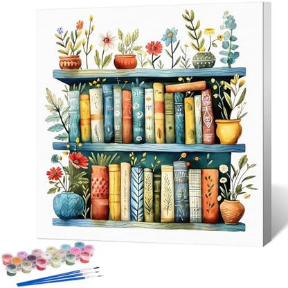 Okarina Framed Paint by Numbers Kit for Adults, Bookshelf Decor 10x10 Inch by Okarina