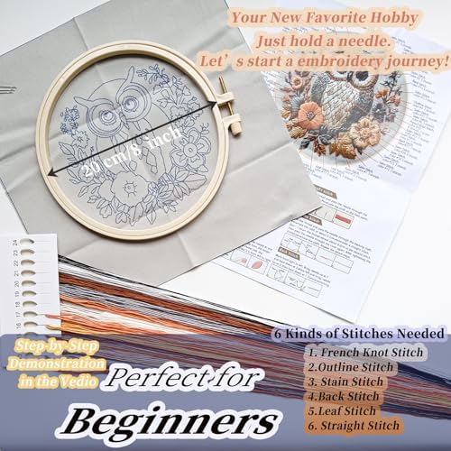 FONNUY Embroidery Kit for Beginners, Owl Flowers Pre-Stamped Pattern Kits for Adults with Hoop, Easy to Follow Color Thread Needlework, 8'' Hoop (Blue) - Image 5