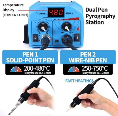 YIHUA 939D-II Pyrography Pen Wood Burning Kit Station 2-in-1 Solid-Point 200~480°C (with Temp Display)/Wire-Nib 250~750°C with 20 Nibs, Solid Points, 1 Stable Pen Holder, 2 Scrap Wood (Blue) - Image 2