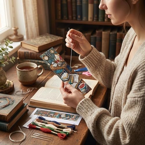 14CT Blue Bookshelf Counted Cross Stitch Bookmark Kit for Adults Beginners - Image 5