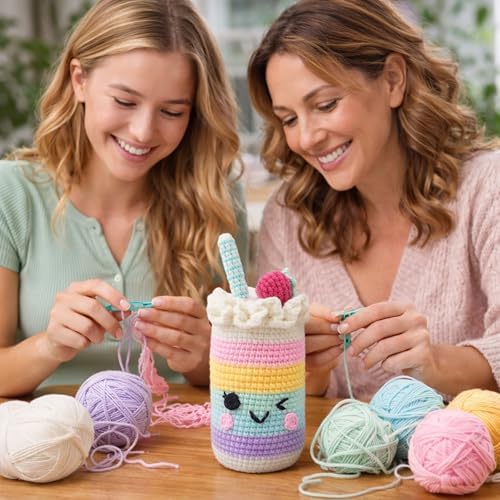 HOUSE CREATIVITY Crochet Kit for Beginners, Make a Cup with Straw, Amigurumi Crochet Kit with Video Tutorial, Complete Set with Yarn, Hook & Stuffing, Cozy Stress Relief Gift for Adults & Kids - Image 6