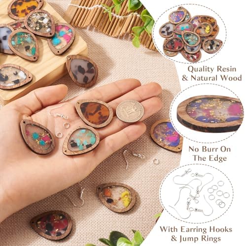 Boutigem 56Pcs Wood Dangle Earring Charm Kit with Teardrop Resin Wood Pendants Earring Hooks Jump Rings for DIY Women Jewelry Making Necklace Keychain Decor - Image 3