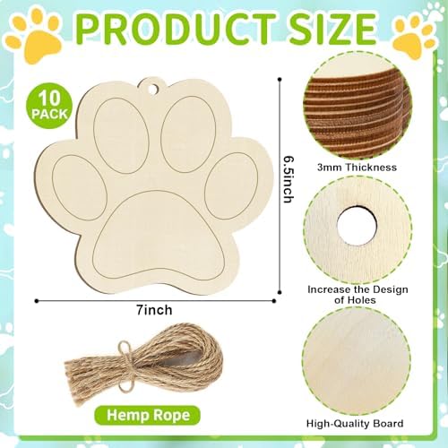 Large Dog Paw-Shaped Wooden Welcome Door Sign to Paint 10Pcs, DIY Blank Unfinished Wood Ornament for Crafts Hanging Decorations, Dog House Pet Theme Party Decoration Halloween Christmas Thanksgiving - Image 7