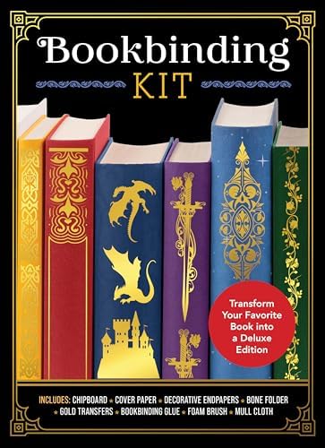 Bookbinding Kit: Transform Your Favorite Book into a Deluxe Edition - Includes: Chipboard, Cover Paper, Decorative Endpapers, Bone Folder, Gold Transfers, Bookbinding Glue, Foam Brush, Mull Cloth by Unknown