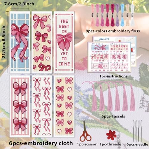 ACRNIGHEET 6PCS Cross Stitch Bookmark Kit for Beginner Cute Pink Bow Stamped Cross Stitch Kits Needlepoint Kit for Adults DIY Tassel Embroidery Bookmark Kits with Instructions Craft Gift 8.5"x3" 11CT - Image 2
