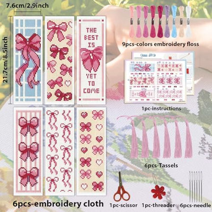 ACRNIGHEET 6PCS Cross Stitch Bookmark Kit for Beginner Cute Pink Bow Stamped Cross Stitch Kits Needlepoint Kit for Adults DIY Tassel Embroidery Bookmark Kits with Instructions Craft Gift 8.5"x3" 11CT - Image 2