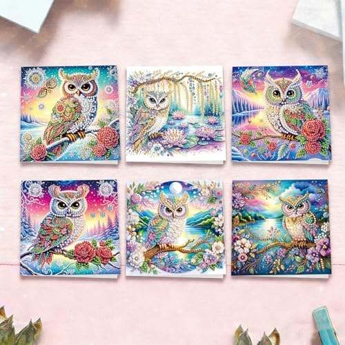 6pcs Owl Flowers Diamond Art Painting Greeting Cards Kit with Envelopes, 5D DIY Special Shaped Card Making Kits for Adults, Holiday Birthday Postcards, Creative Craft Gifts - Image 4