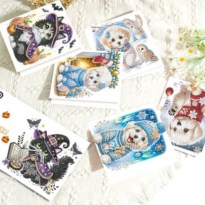MVVMTOP 8pcs Diamond Painting Greeting Cards- Christmas Puppy & Halloween Kitten Cards for Blessings and Wishes, Special Shape Crystal Partial, Paper Material, DIY Gifts for Christmas Day Halloween - Image 4