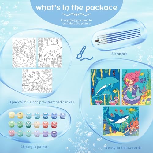 goldentime 3 Pack Kids Paint by Numbers Ages 4-8-12 Includes 8x10 inch Framed Canvas with 19 Acrylic Paints, 5 Brushes Fun and Easy Predrawn Canvas for Painting Kids - Image 2