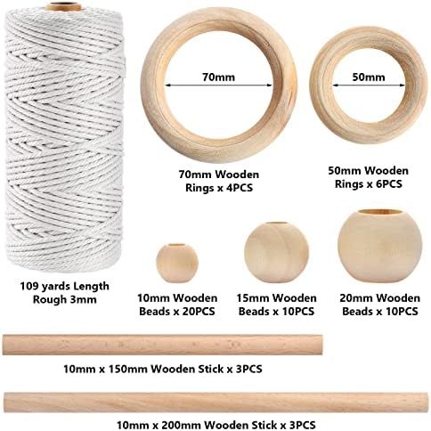 Hdviai 121Pcs Macrame Kit, Macrame Supplies 3mm x 109Yards Macrame Cord for Macrame Kits for Adults Beginners, with Accessories Like 100Pcs Beads and 10Pcs Wooden Rings for Macrame Plant Hanger Kit - Image 2