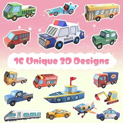 2 Themes in 1, 3D Paper Model Kits for Kid, DIY Origami Kit for Kids Ages 8-12, Include 16 Pre-cut, Easy-to-Assemble Transport & Vehicle Models, Origami Kit for Kids Ages 8-12，Paper Model Kits for Kid - Image 2