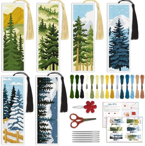 ACRNIGHEET 6PCS Cross Stitch Bookmark Kit for Beginner Pine Stamped Cross Stitch Kits Needlepoint Kit for Adults DIY Tassel Embroidery Bookmark Kits with Instructions Craft Gift 8.5"x3" 11CT by ACRNIGHEET