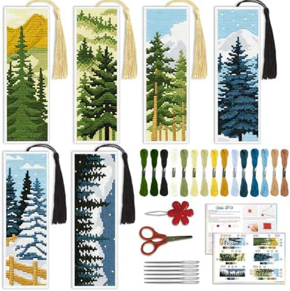 ACRNIGHEET 6PCS Cross Stitch Bookmark Kit for Beginner Pine Stamped Cross Stitch Kits Needlepoint Kit for Adults DIY Tassel Embroidery Bookmark Kits with Instructions Craft Gift 8.5"x3" 11CT by ACRNIGHEET