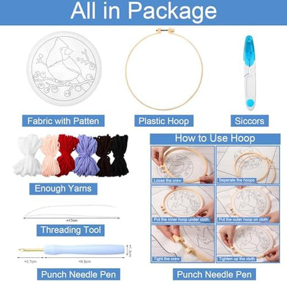 SmoothNovelty Punch Needle Kits Red Cardinal Bird Pattern with Hoop - Image 2
