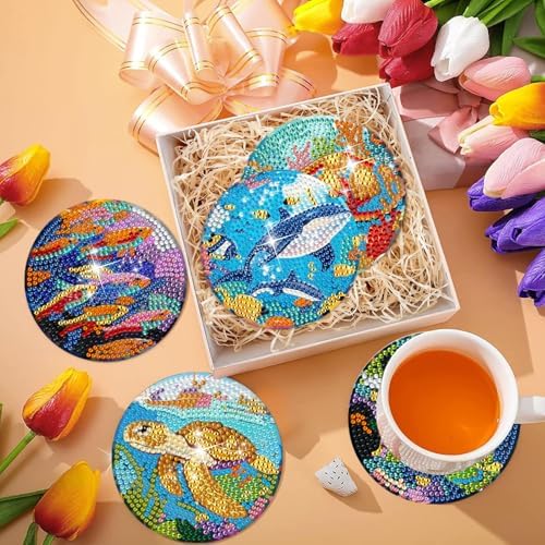 EWJRNSF 6 PCS Ocean Diamond Art Coasters DIY Kit with Holder for Adults - Image 6