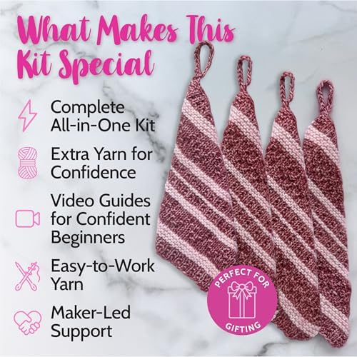 KnitPal Dishcloth Knitting Kit for Beginners (Cherry Red + Blush Pink) - Image 2