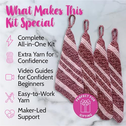 KnitPal Dishcloth Knitting Kit for Beginners (Cherry Red + Blush Pink) - Image 2