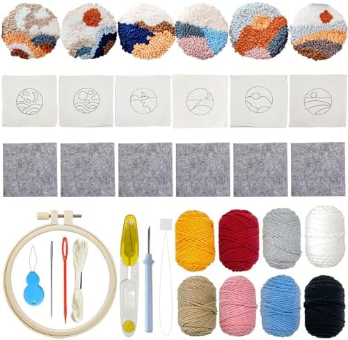 Allazone 6 PCS Punch Needle Coaster Kit with Landscape Patterns Yarns Tools, Felt Embroidery Hoop for DIY Craft by Allazone