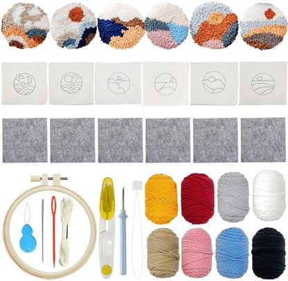 Allazone 6 PCS Punch Needle Coaster Kit with Landscape Patterns Yarns Tools, Felt Embroidery Hoop for DIY Craft by Allazone
