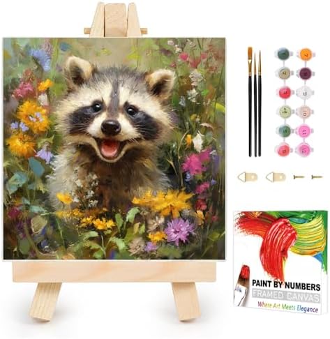AUKELHJ Framed Paint by Numbers Kit for Adults, Raccoon, 10x10 inch by Unknown