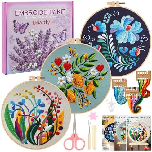 Uniartfy 3 Pack Embroidery Starter Kit for Beginners, Stamped Cross Stitch Kits for Adults with Flowers Plants and Fruits Patterns with 1 Embroidery Hoop and Color Threads, Handmade Needlepoint Kits by Uniartfy