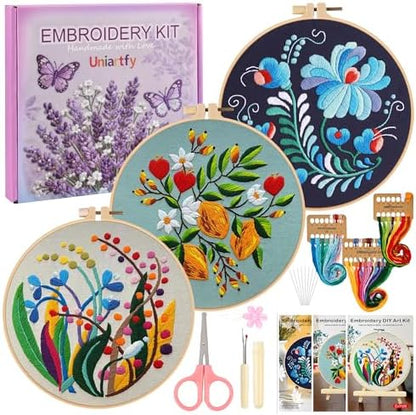 Uniartfy 3 Pack Embroidery Starter Kit for Beginners, Stamped Cross Stitch Kits for Adults with Flowers Plants and Fruits Patterns with 1 Embroidery Hoop and Color Threads, Handmade Needlepoint Kits by Uniartfy