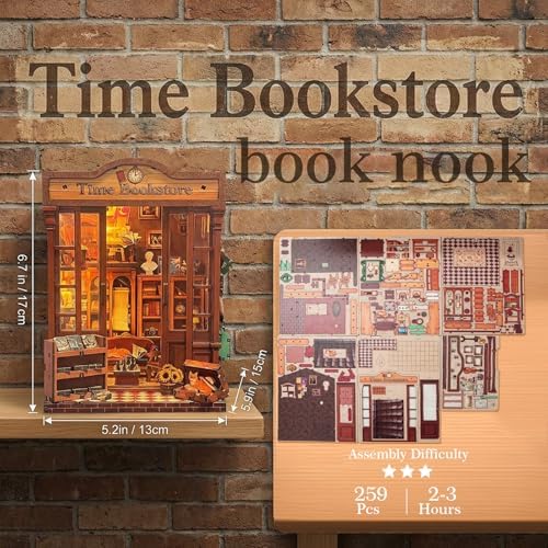 Book Nook Kit – DIY Miniature House 3D Puzzle with LED, Time Bookstore Dollhouse Kit for Adults & Teens, 259-Piece Library Model for Bookshelf Decor, Gifts for Family Friends - Image 2