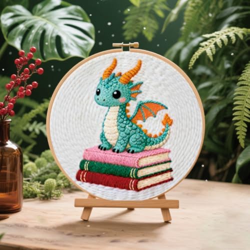 BEUNITONE 2PCS Punch Needle Kits with Dragon Book Pre-print Pattern Easy for Beginners, DIY Craft Embroidery Needlepoint Kits for Adults with Hoop Punch Needle Set for Craft Lovers Home Decor 7.9x7.9" - Image 4
