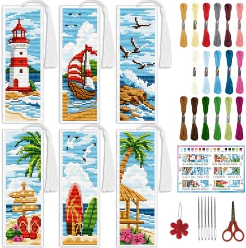 INFUNLY 6 Pack Cross Stitch Bookmark Kit Beach Scenery Stamped Pre-Printed Embroidery Bookmarks for Adults 8.5" x 3" DIY Set with Instructions, Craft Gift for Book Lovers Writers by INFUNLY