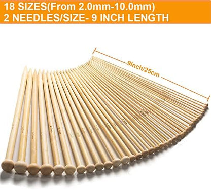 36PCS Bamboo Knitting Needles Set, BetyBedy Single Pointed Knitting Needles, 9 Inches Length Knitting Crochet Supplies for Beginners Handmade (18 Sizes from 2.0mm-10.0mm) - Image 4