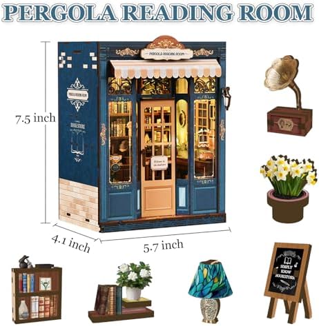 DIY Miniature Dollhouse Kit Book Nook Pergola Reading Room with LED Light, Wooden 3D Miniature House Craft Kit for Adults, Bookshelf Insert Decor - Image 2