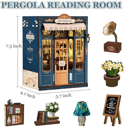DIY Miniature Dollhouse Kit Book Nook Pergola Reading Room with LED Light, Wooden 3D Miniature House Craft Kit for Adults, Bookshelf Insert Decor - Image 2