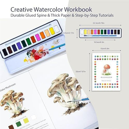 CraftyManor 2Pcs Watercolor Workbook Creative Water Color Paint Book Set with Paints & Brush, 12 Patterns of Original DIY Designs, Beginner-Friendly Adult Coloring Books (Insect & Mushroom) - Image 2