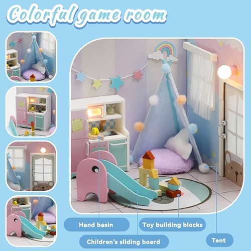 Kisoy Dollhouse Miniature with Furniture Kit, DIY 3D Wooden DIY House Kit A Corner of a Small Apartment Style with Dust Cover & LED,Handmade Tiny House Toys for Kids Adults Gift (Toy Room) - Image 3