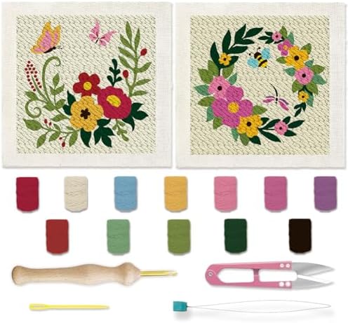 BEUNITONE 2 Sets Flower Punch Needle Kits Butterfly Beginner Punch Embroidery Kits with Frame Embroidery Starter Kits Punch Stitching Kit with Instruction for Wall Hanging Painting 9.4'' x 9.4'' by BEUNITONE